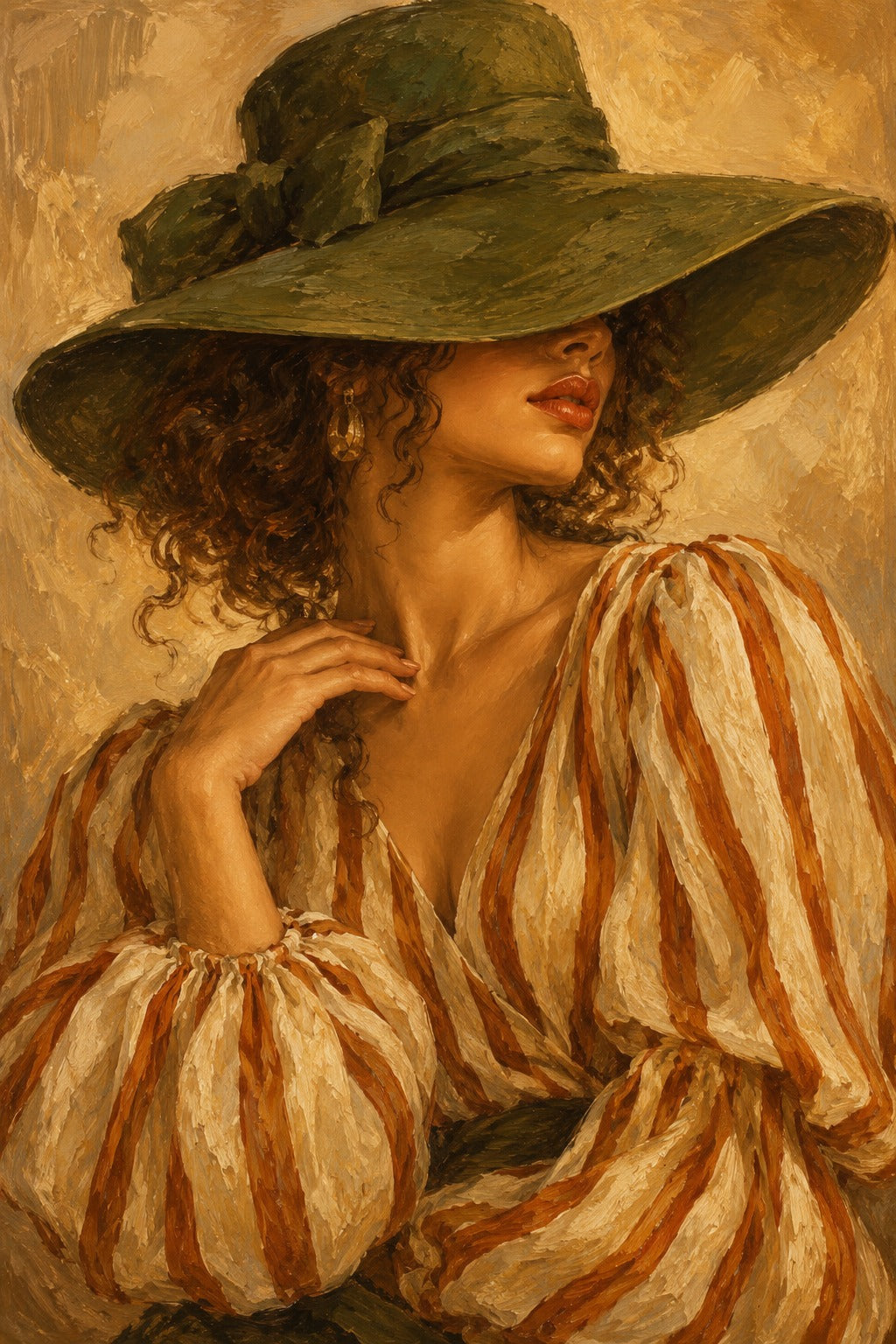 Schilderij van een vrouw met bruine krullen, een brede groene hoed en een gestreepte blouse voor een gouden achtergrond.