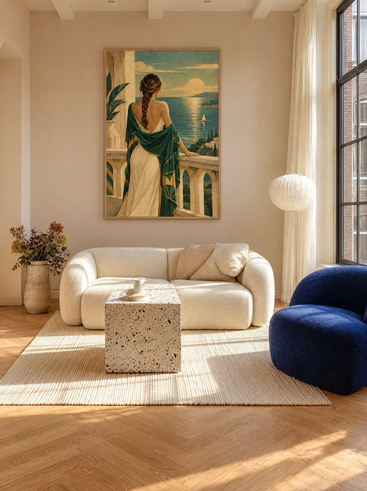 Groene Sjaal op het Balkon met natuur houten lijst aan de muur in de slaapkamer