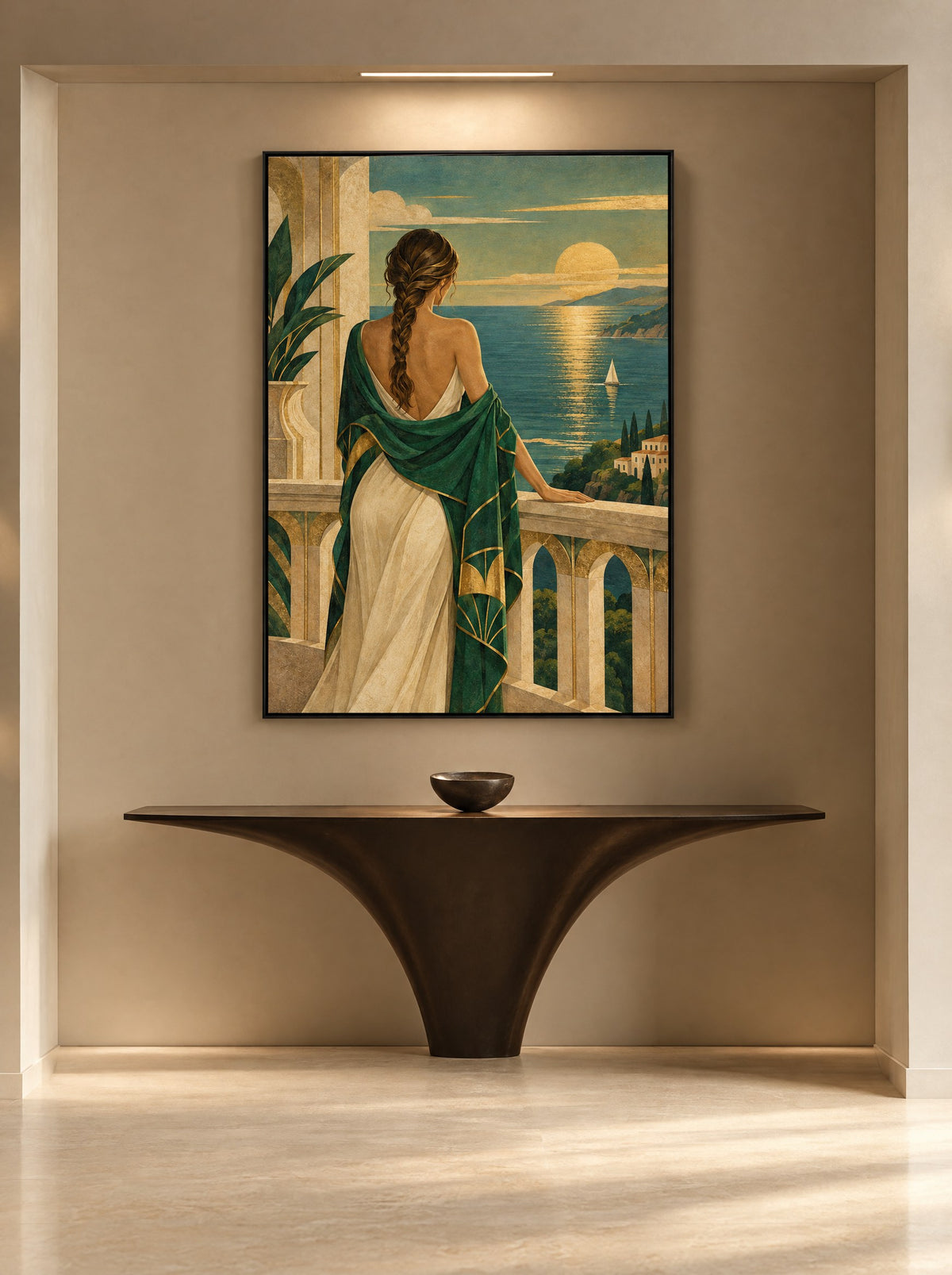 Groene Sjaal op het Balkon met zwarte lijst aan de muur in een warme woonkamer