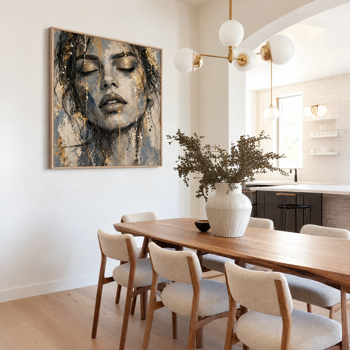 Gezicht met Gouddruppels met natuur houten lijst aan de muur in de slaapkamer