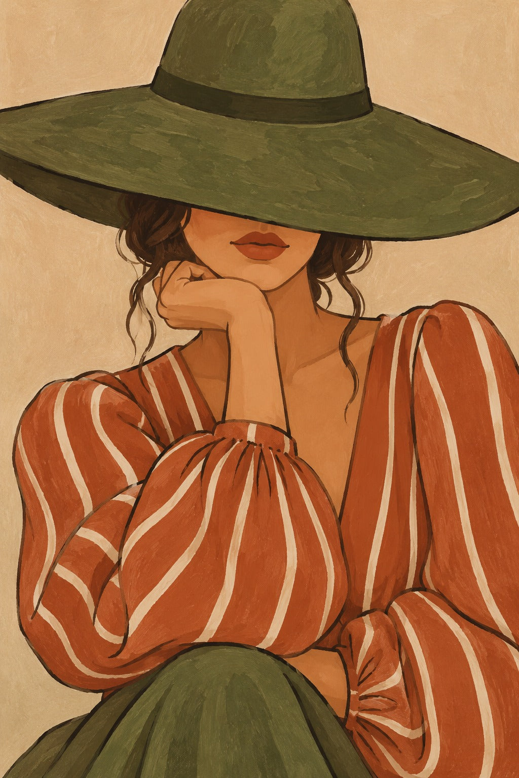 Schilderij van een vrouw met een brede groene hoed en een terracotta gestreepte blouse voor een beige achtergrond.