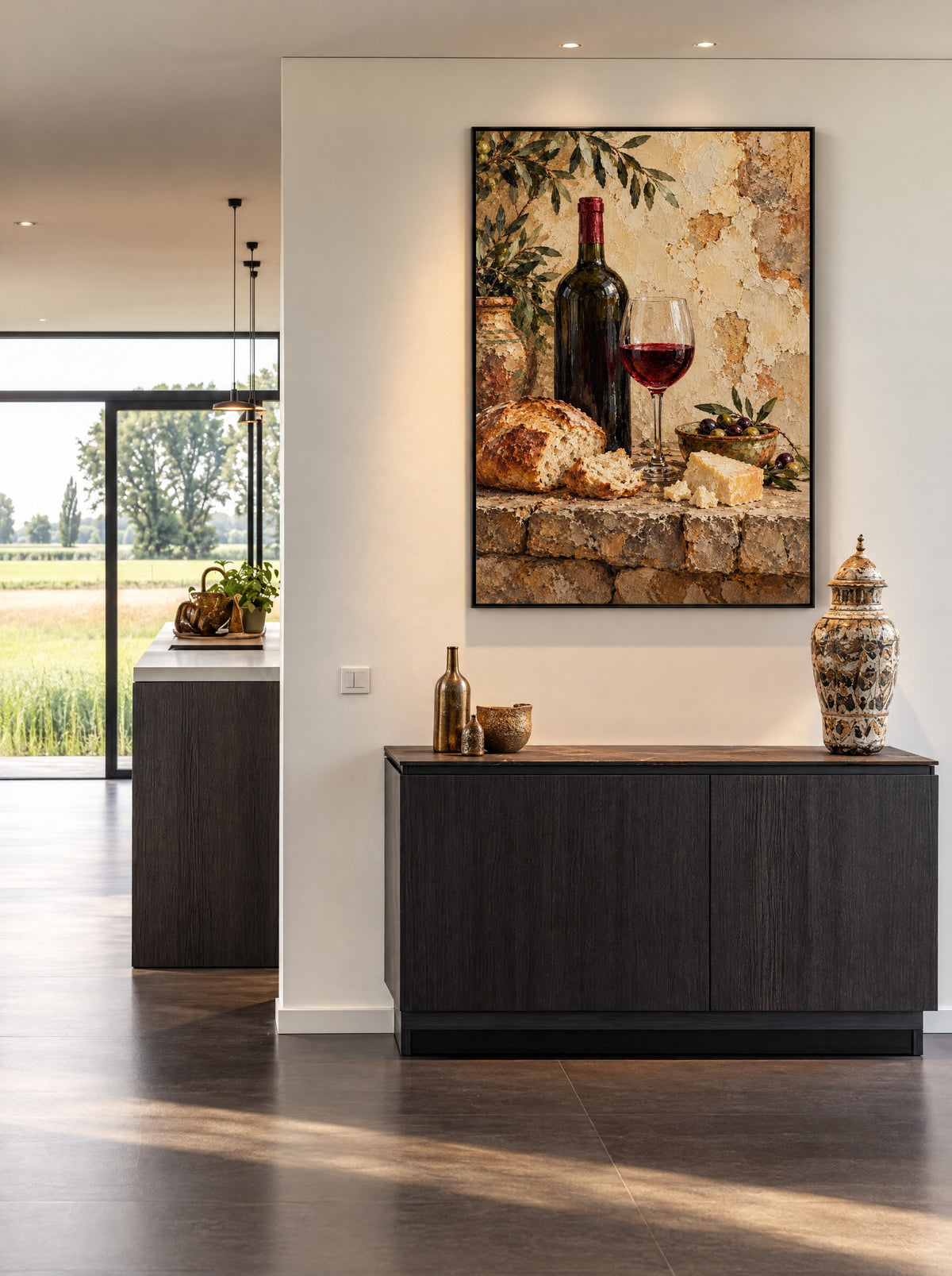 Stilleven met Wijn en Kaas met zwarte lijst aan de muur in een warme woonkamer