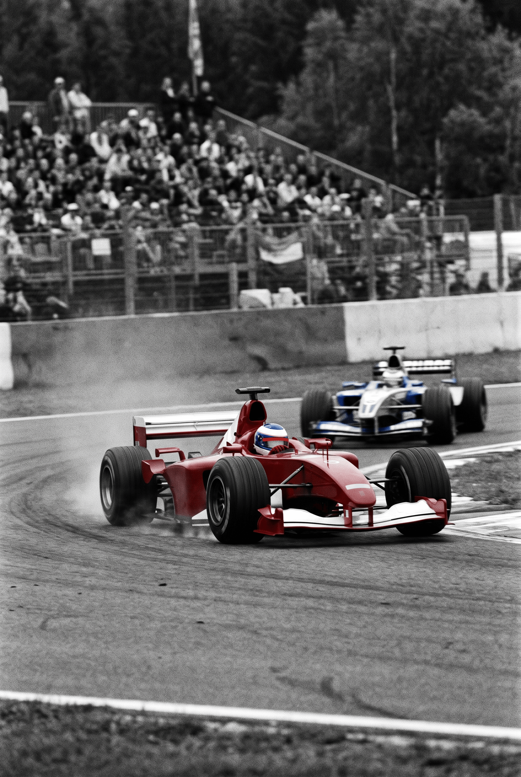 Achtervolging in Rood – vintage motorsport wanddecoratie