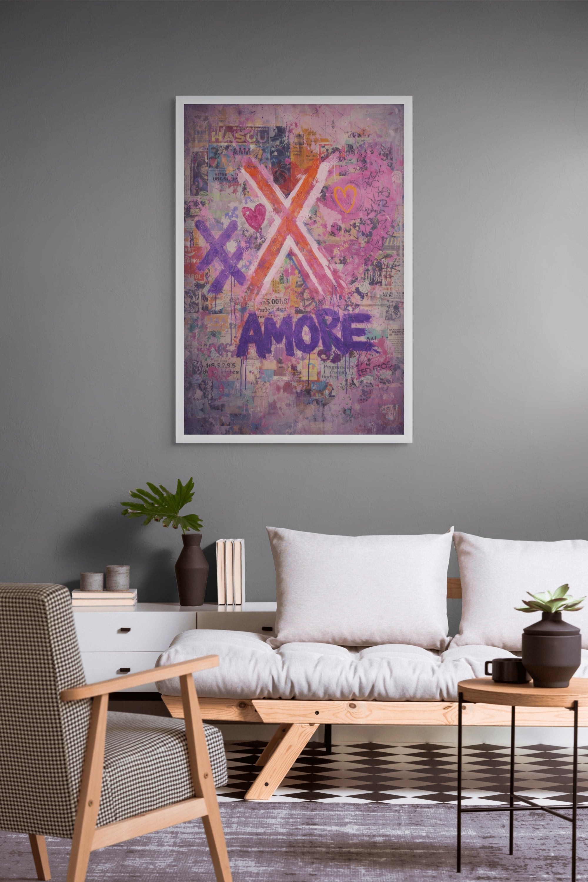 Amore in Neonmist – Wandbild auf Leinwand, Aluminium oder Poster