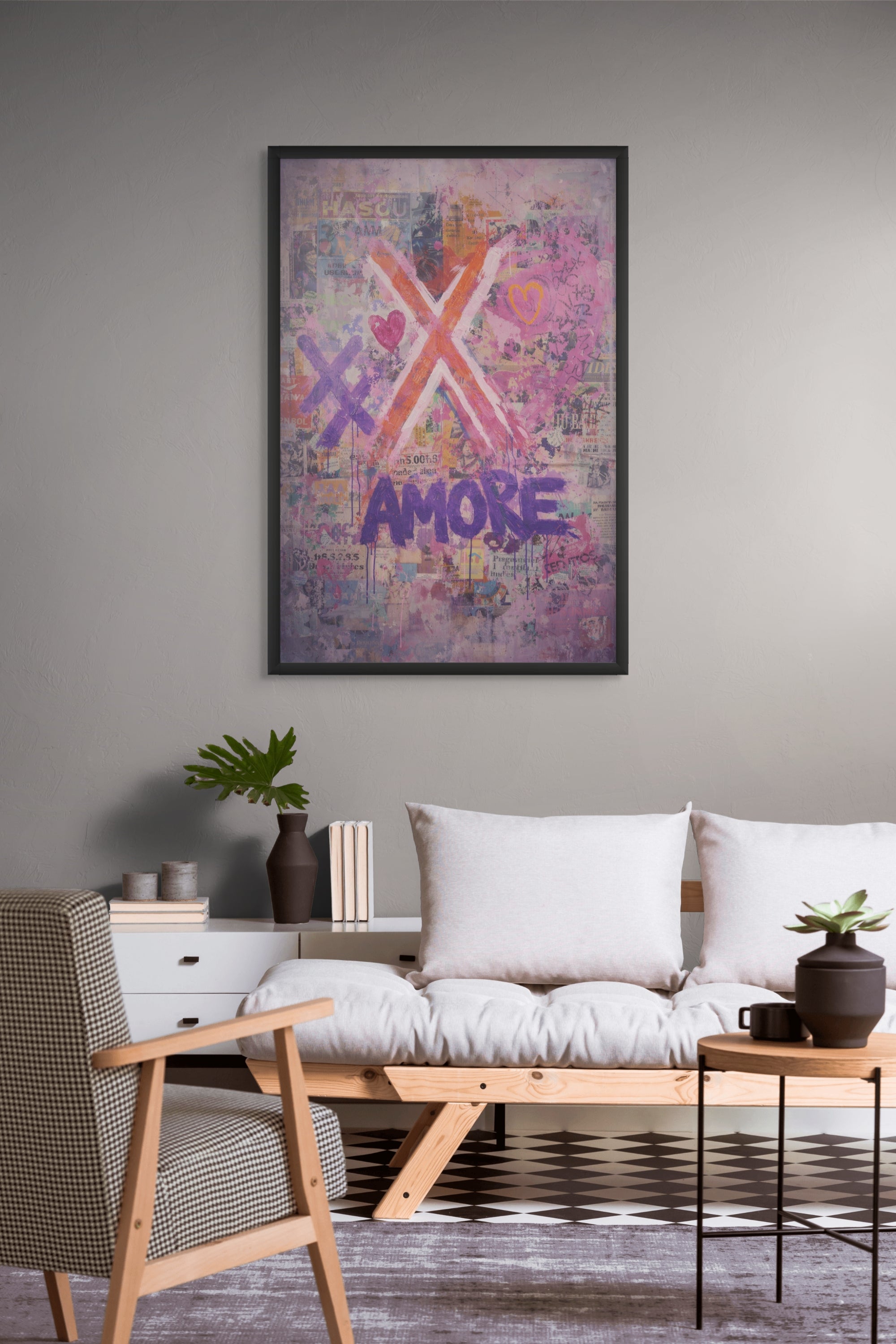 Amore in Neonmist – Wandbild auf Leinwand, Aluminium oder Poster