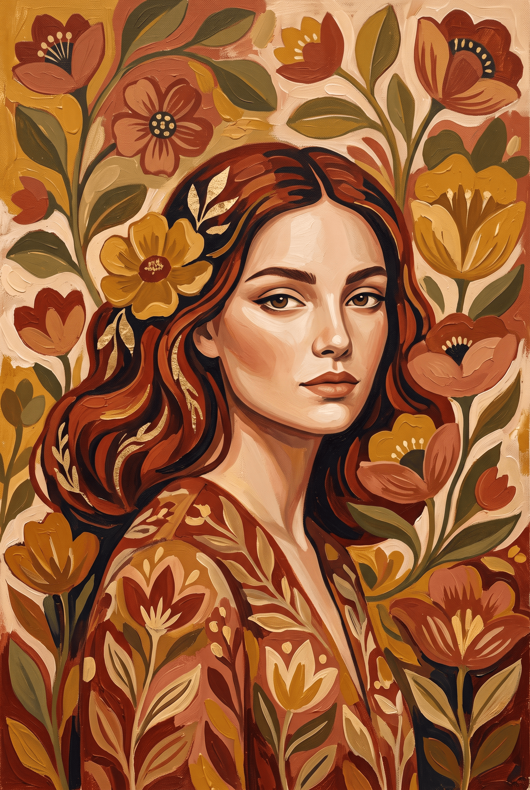 Anna Gaze – folk-art portret van een vrouw omringd door bloemen