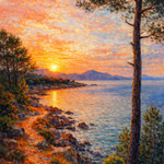 Schilderij Avondgloed aan het Bergmeer met warm avondlicht over een bergmeer