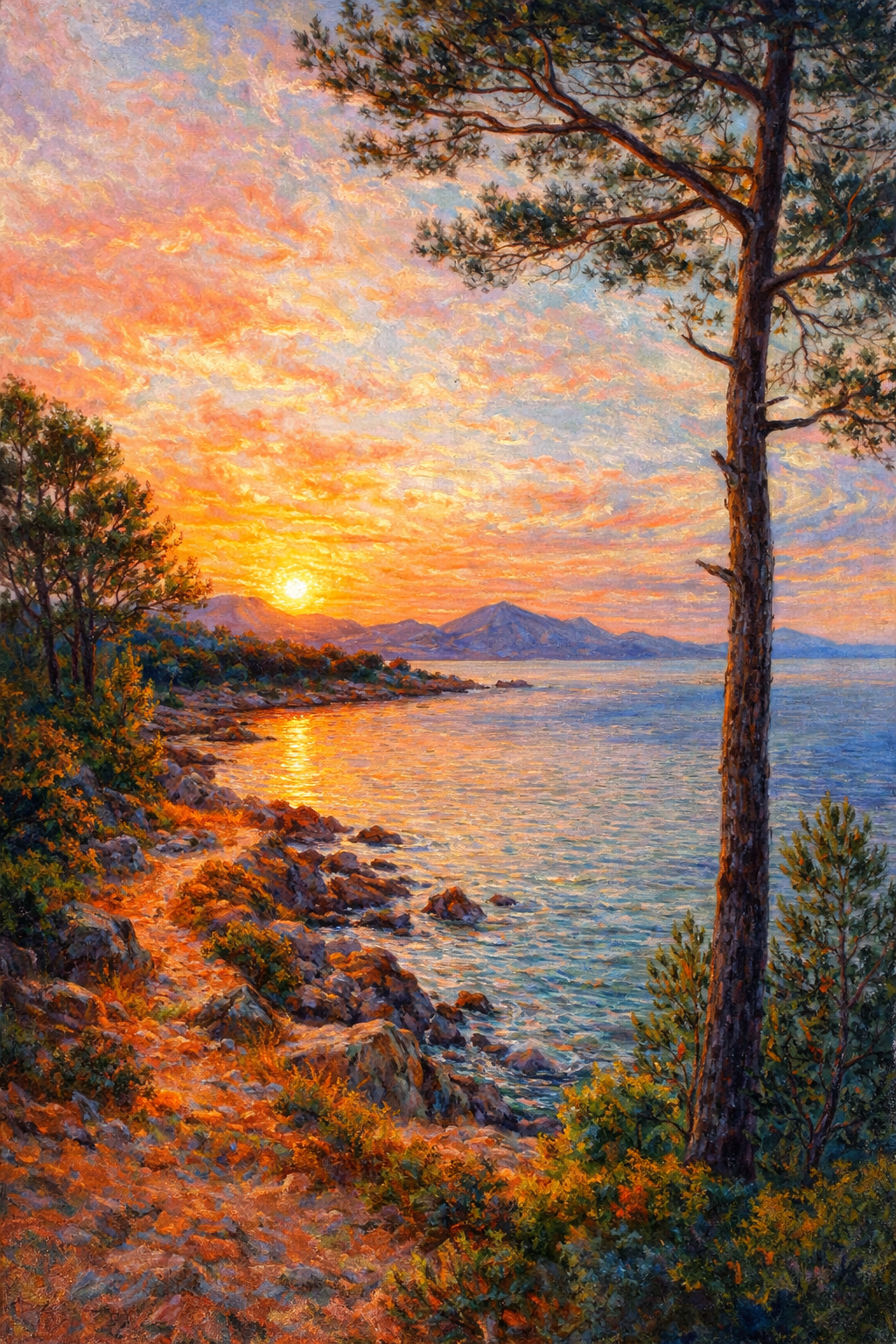 Schilderij Avondgloed aan het Bergmeer met warm avondlicht over een bergmeer
