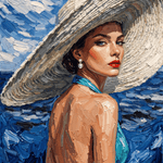 Azure Reverie – olieverfportret van een vrouw met brede strohoed in kobaltblauw, wanddecoratie