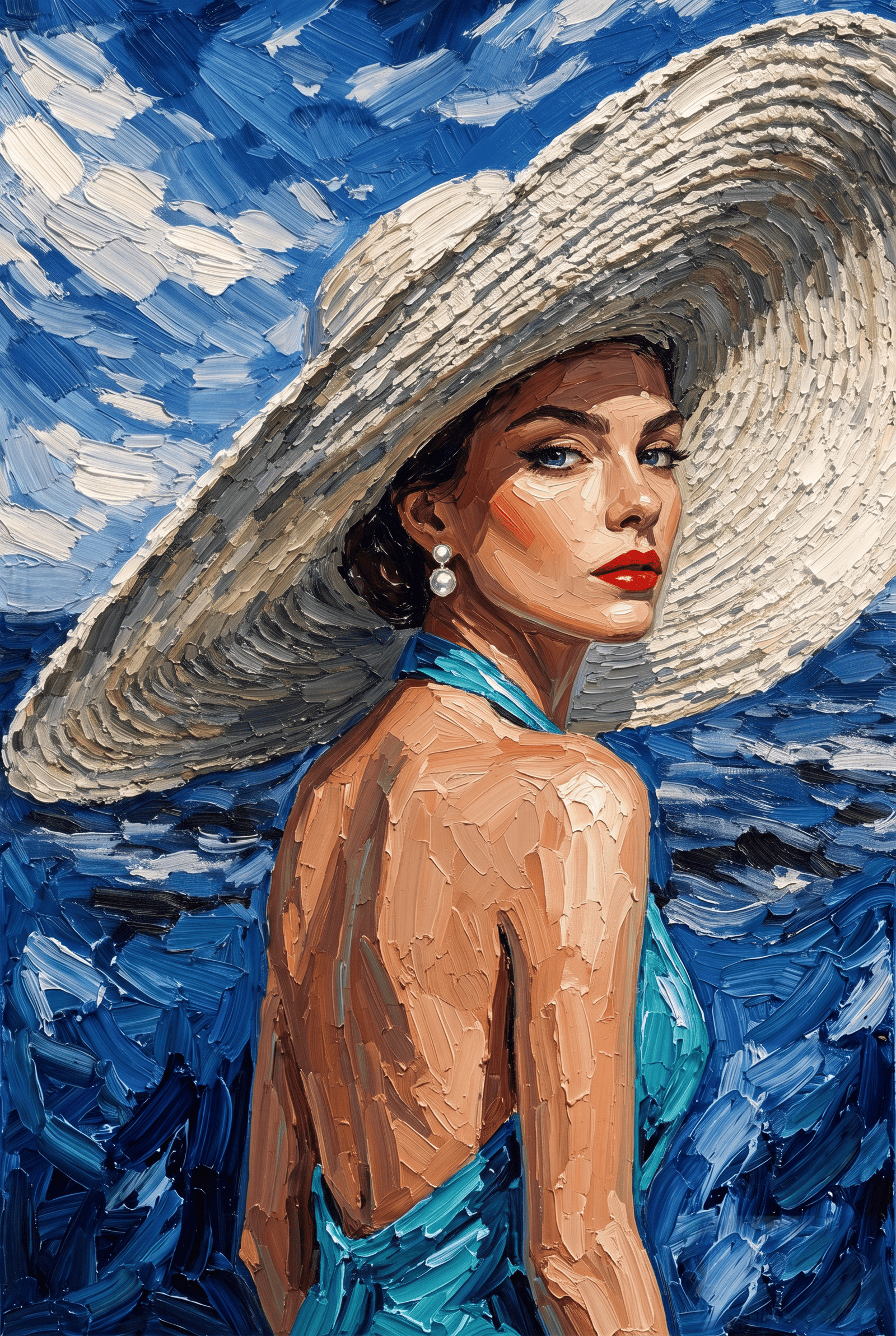 Azure Reverie – olieverfportret van een vrouw met brede strohoed in kobaltblauw, wanddecoratie