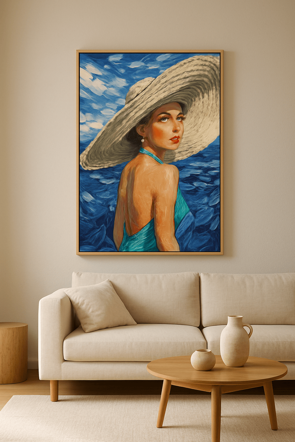 Azure Reverie in een warme moderne woonkamer | ArtifyCanvas