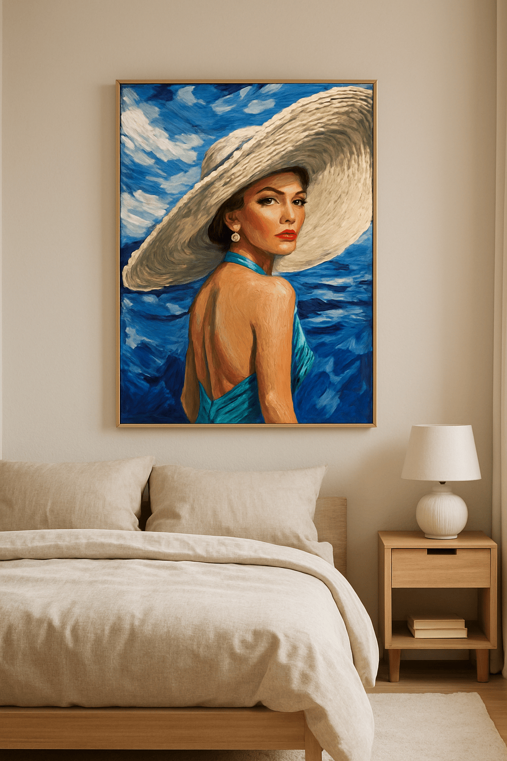 Azure Reverie boven het bed in een lichte slaapkamer | ArtifyCanvas