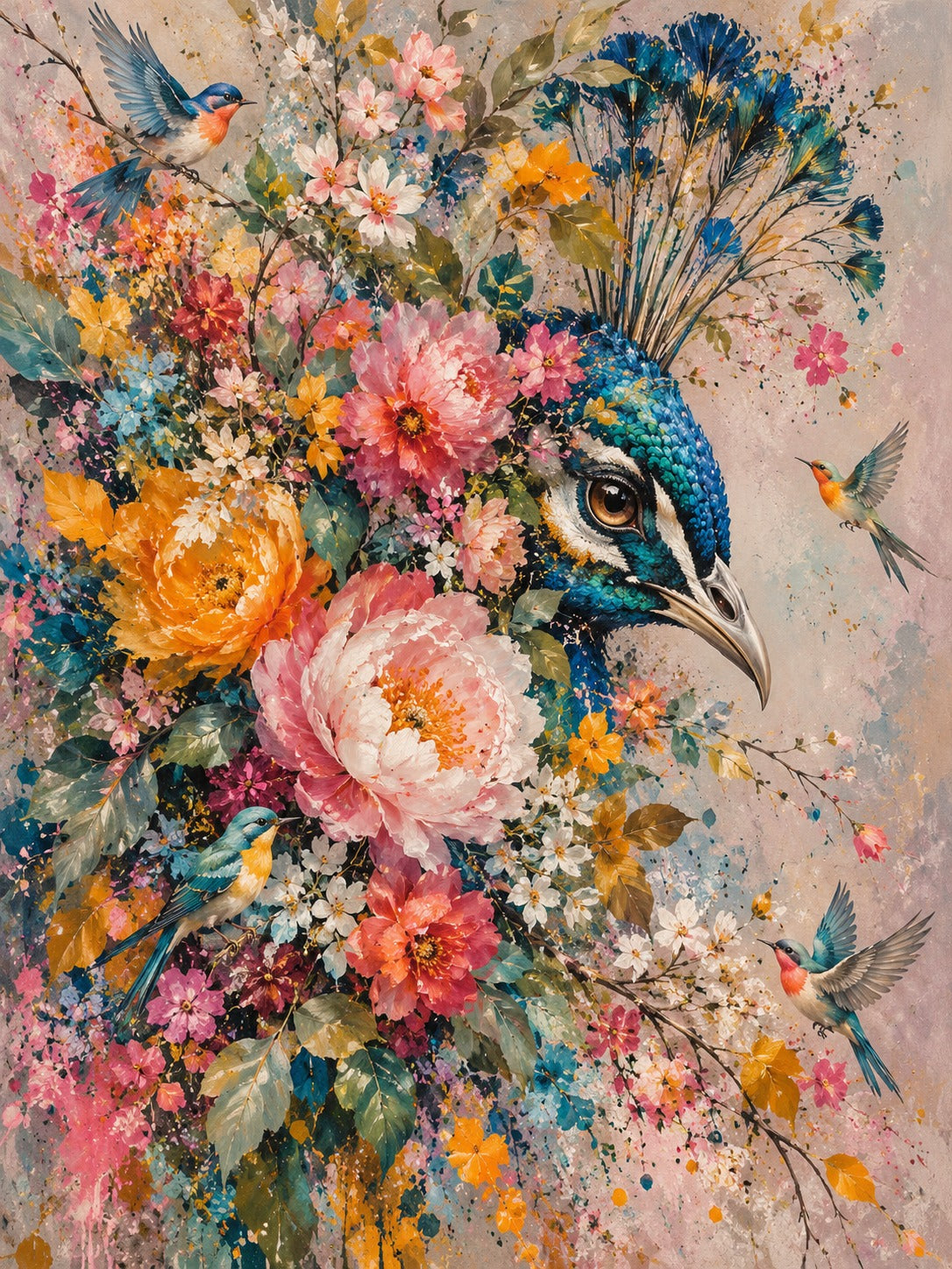 Schilderij van een pauwenkop tussen roze en oranje pioenen met drie kleine vogels op een beige achtergrond.