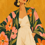 Gestileerd schilderij van een vrouw met gouden oorbellen in een groene kimono met roze en oranje bloemen op een okergele achtergrond.