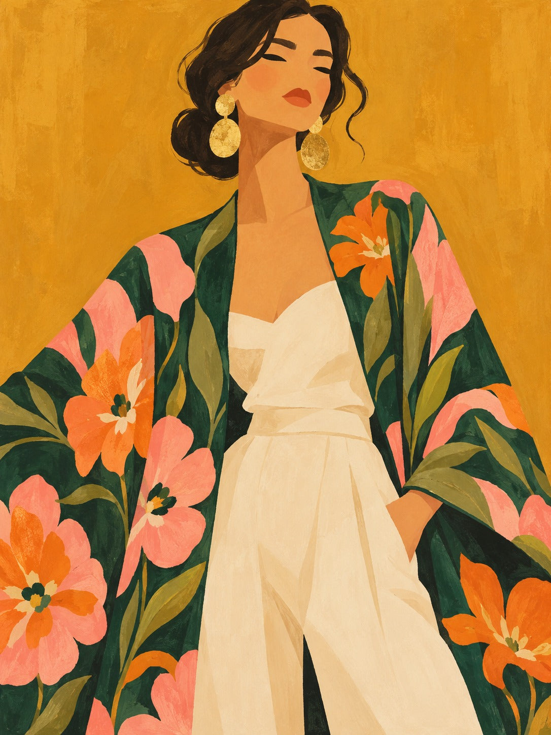 Gestileerd schilderij van een vrouw met gouden oorbellen in een groene kimono met roze en oranje bloemen op een okergele achtergrond.