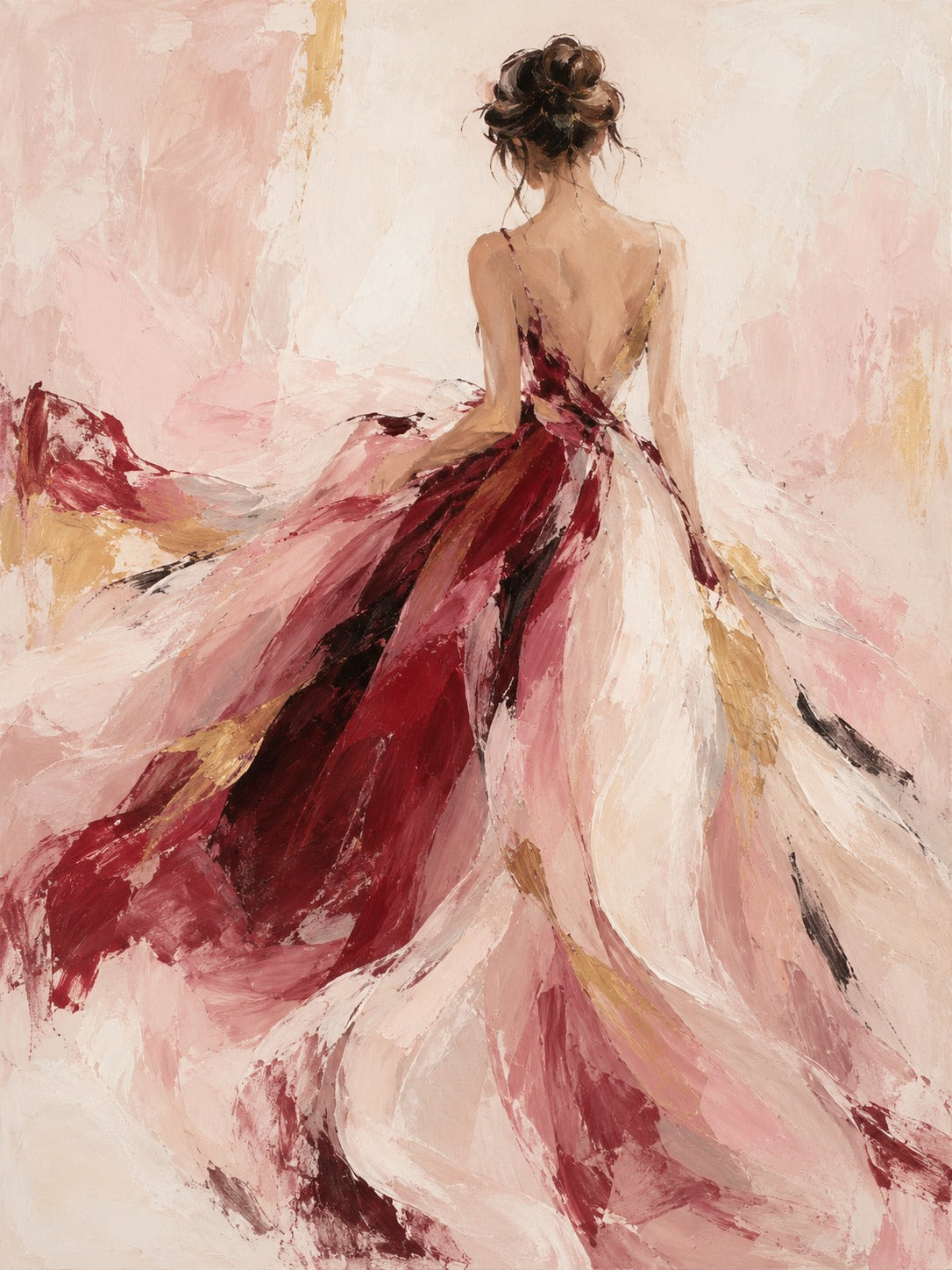 Schilderij van een vrouw van achteren in een wapperende jurk in bordeaux, roze en crème met gouden accenten.