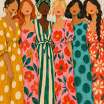 Schilderij van zes naast elkaar staande vrouwen in lange jurken met stippen, strepen en bloemen in felle kleuren.