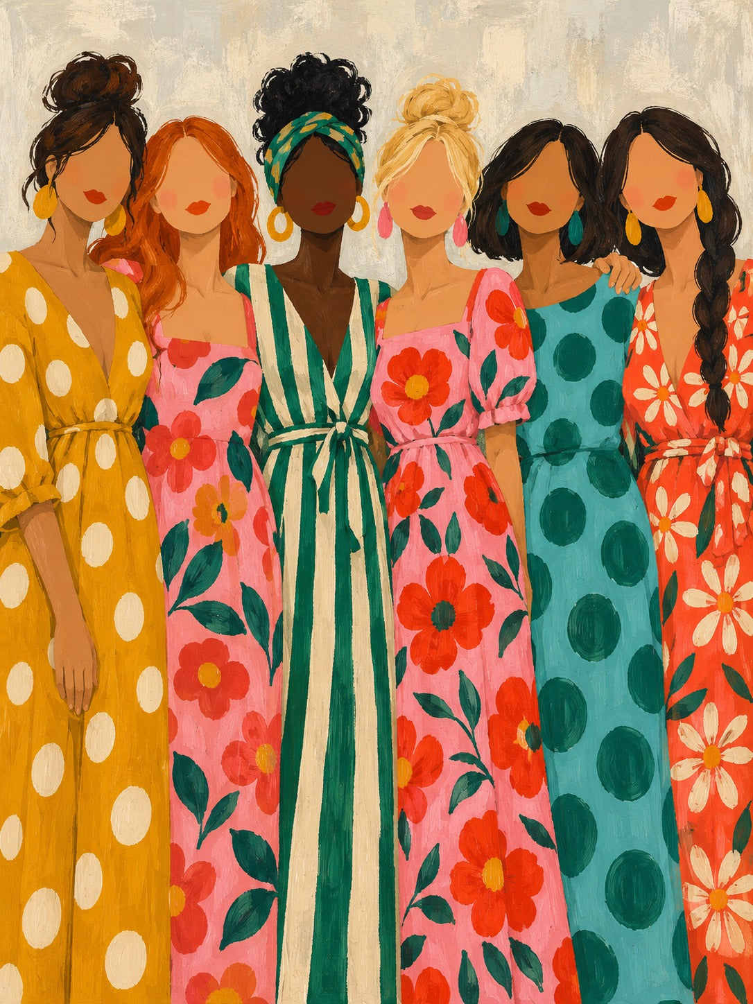 Schilderij van zes naast elkaar staande vrouwen in lange jurken met stippen, strepen en bloemen in felle kleuren.