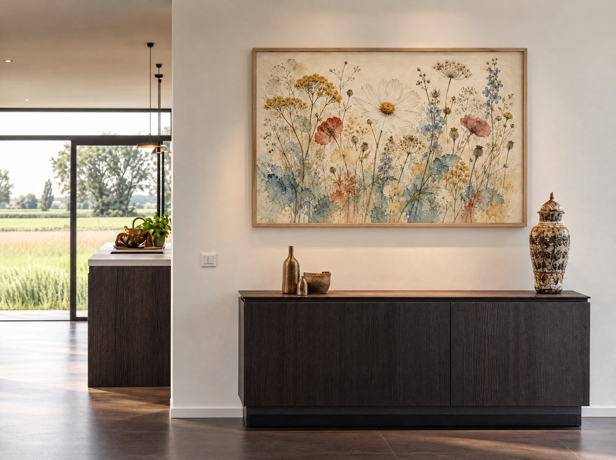 Wilde Bloemen in Aquarel in natuur houten lijst boven het bed in een warme slaapkamer.