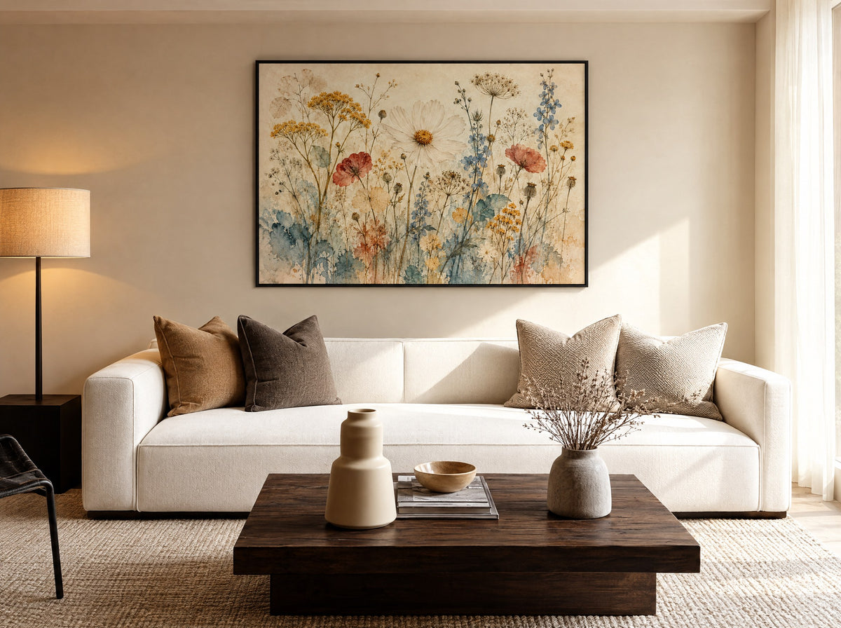 Wilde Bloemen in Aquarel in zwarte lijst boven een crèmekleurige bank in een warme woonkamer.
