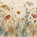 Aquarel van wilde bloemen, zaaddozen en gele schermbloemen met een grote witte bloem op crèmekleurig papier met blauwgroene vlekken.