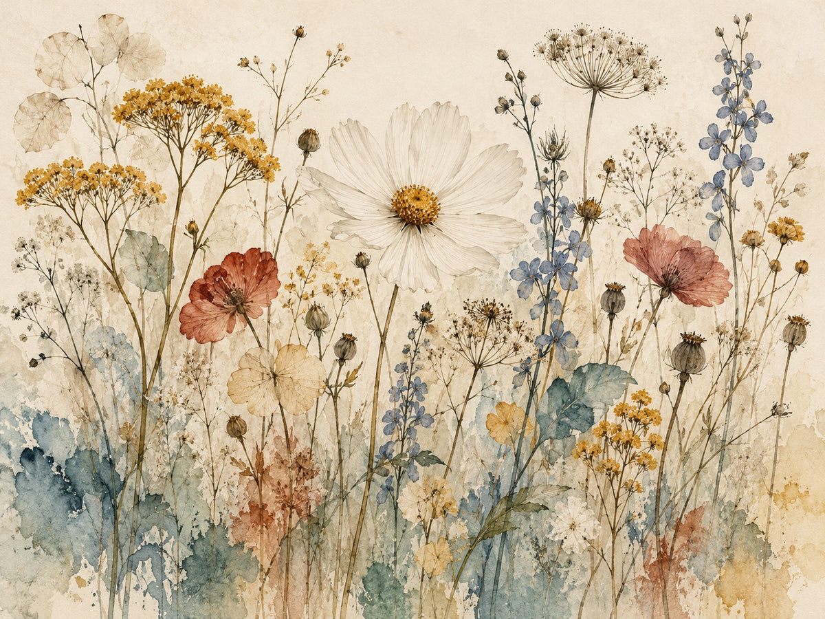 Aquarel van wilde bloemen, zaaddozen en gele schermbloemen met een grote witte bloem op crèmekleurig papier met blauwgroene vlekken.