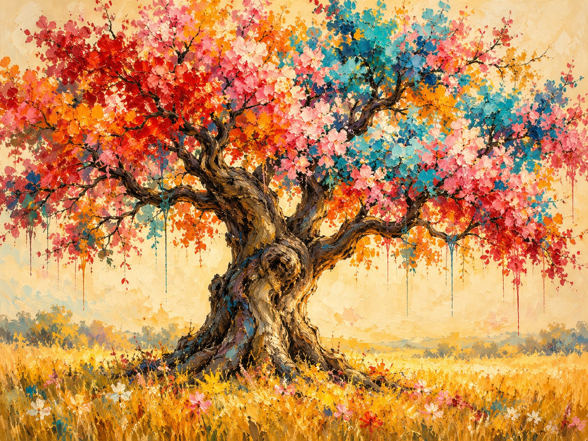 Schilderij van een oude boom met een kroon in rood, roze, oranje en turquoise in een gouden veld onder een gele lucht.