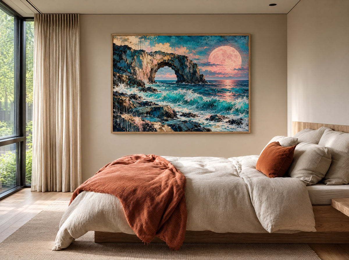 Kustboog bij Volle Maan in natuur houten lijst boven het bed met grijs beddengoed in een slaapkamer.