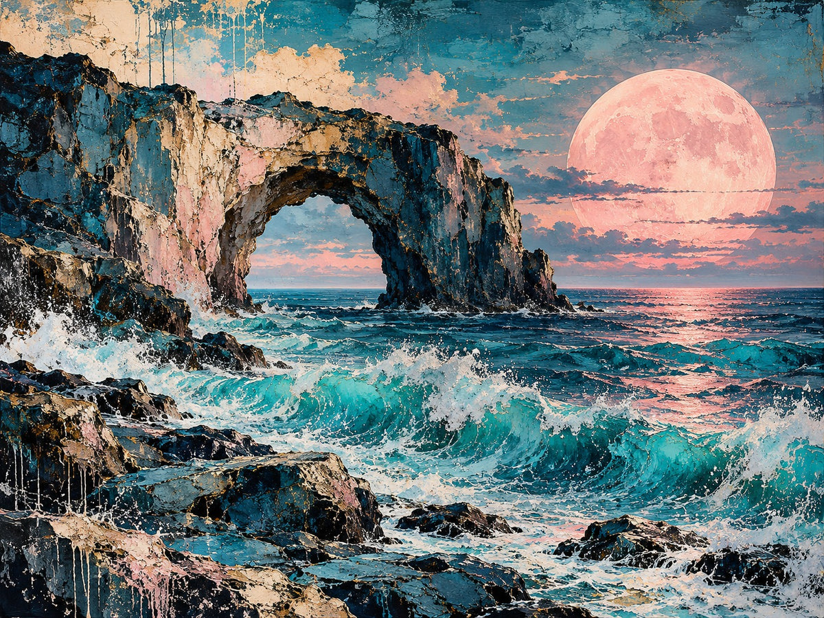 Schilderij van een rotsboog aan zee met turquoise golven en een grote roze volle maan boven de horizon.