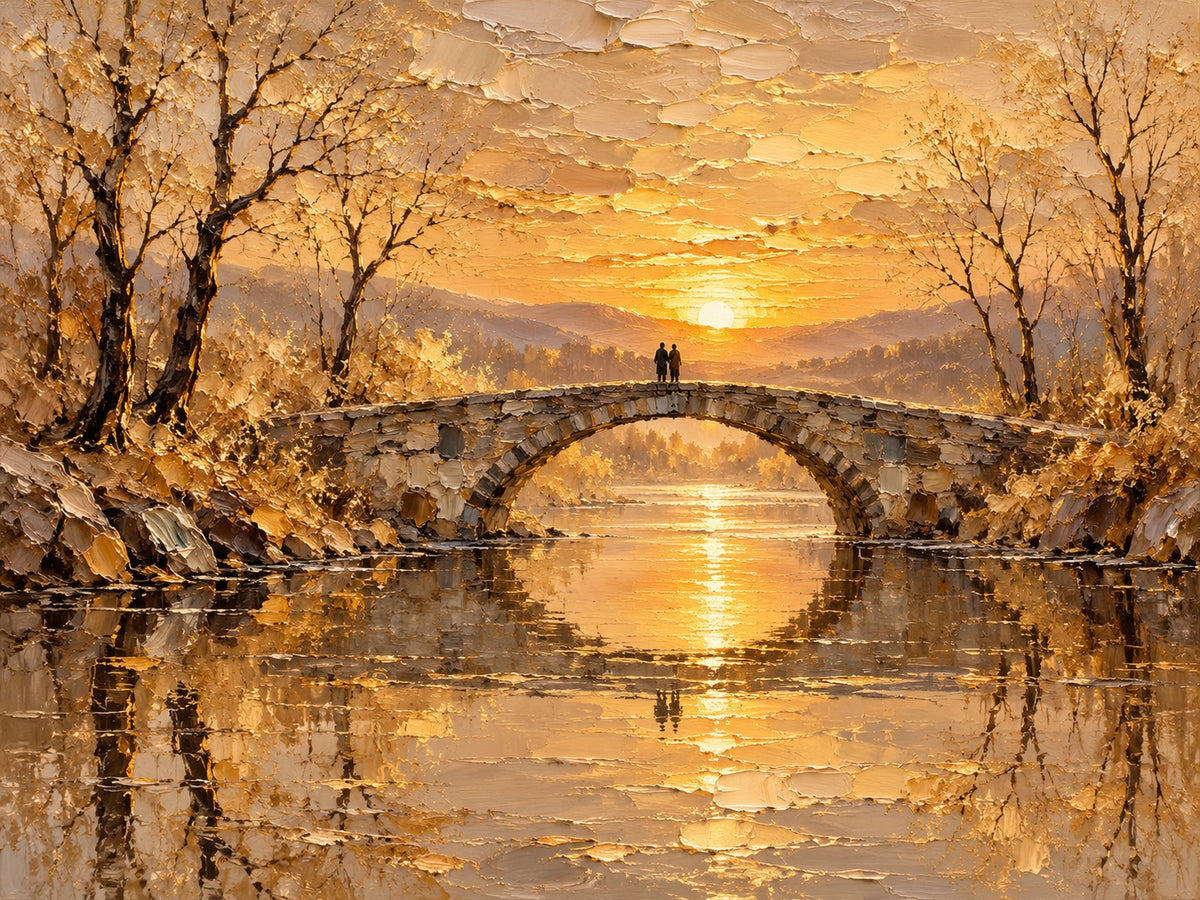 Schilderij van een stenen boogbrug met twee figuren bij een lage zon, met gouden bomen en een lange weerspiegeling in het water.
