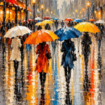 Schilderij van wandelaars met kleurige paraplu's in een regenachtige stad met gloeiende lantaarns en weerspiegelingen in het natte plaveisel.