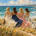 Schilderij van vier vrouwen van achteren in zomerjurken, zittend in hoog gras met uitzicht op een turquoise zee.