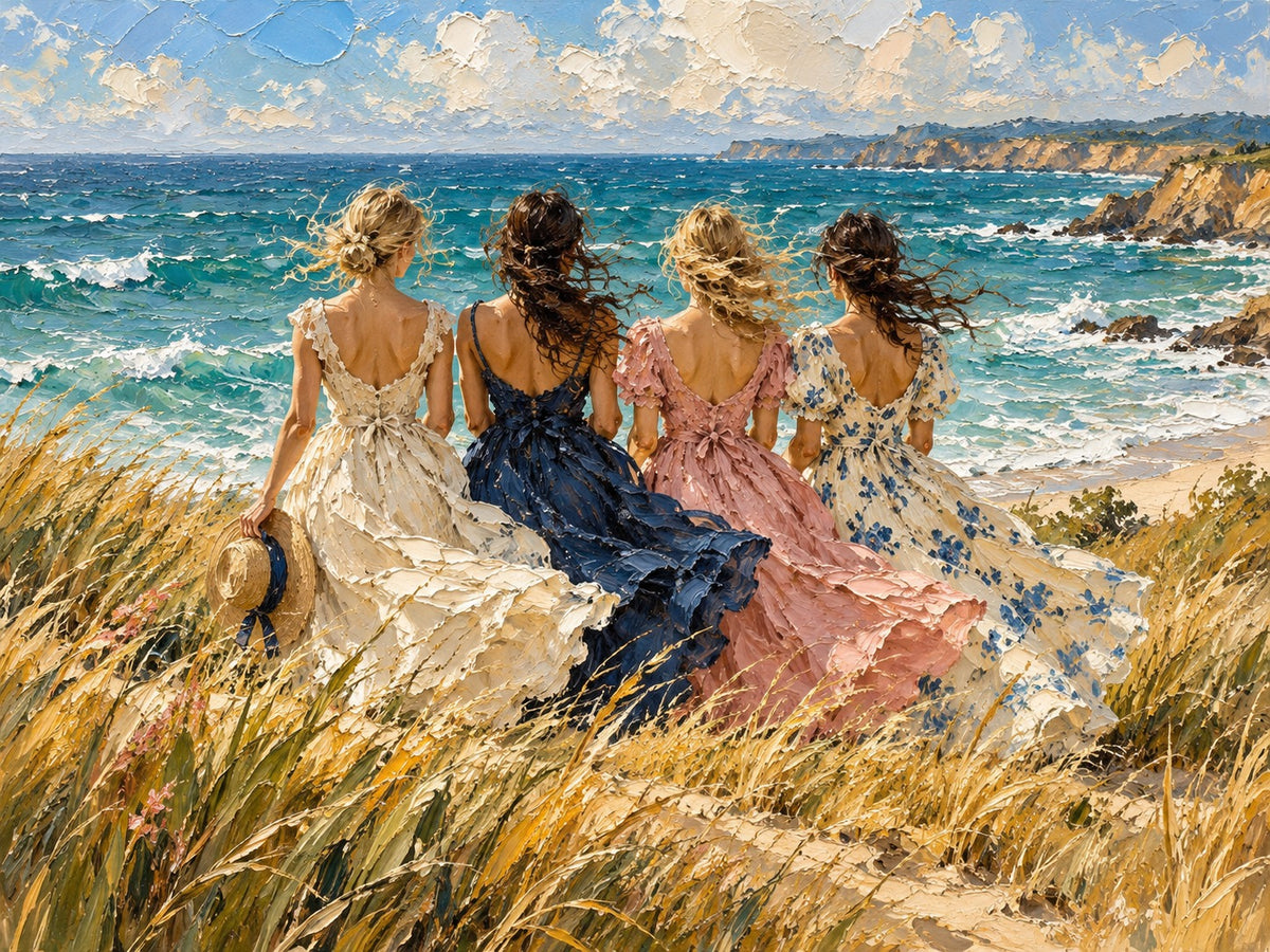 Schilderij van vier vrouwen van achteren in zomerjurken, zittend in hoog gras met uitzicht op een turquoise zee.
