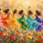 Schilderij van zeven dansende vrouwen van achteren in jurken in regenboogkleuren in een bloemenveld onder een gouden zon.