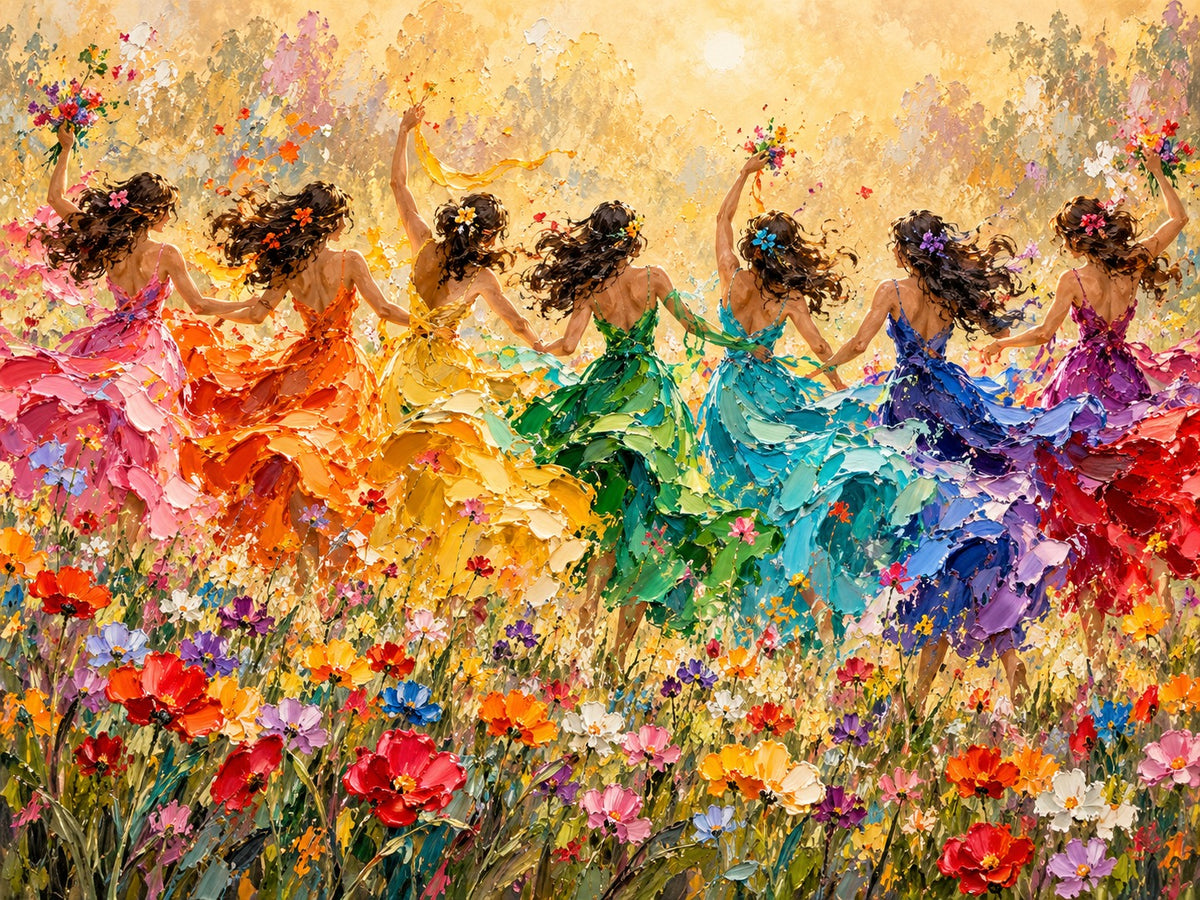 Schilderij van zeven dansende vrouwen van achteren in jurken in regenboogkleuren in een bloemenveld onder een gouden zon.