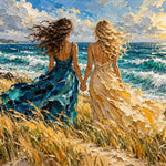 Schilderij van twee vrouwen van achteren hand in hand, in een blauwe en een gouden jurk, voor een zee met schuimende golven.