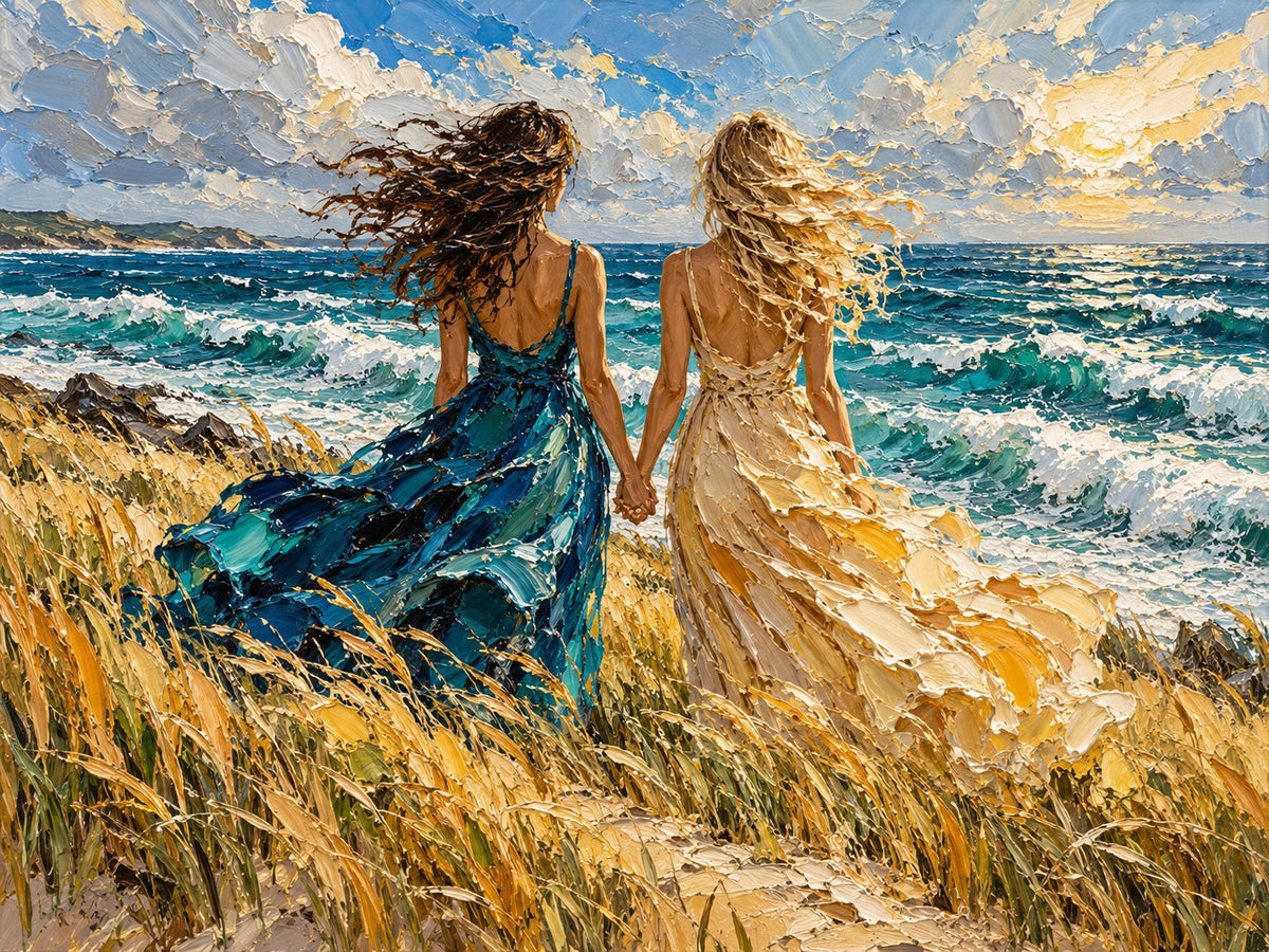 Schilderij van twee vrouwen van achteren hand in hand, in een blauwe en een gouden jurk, voor een zee met schuimende golven.