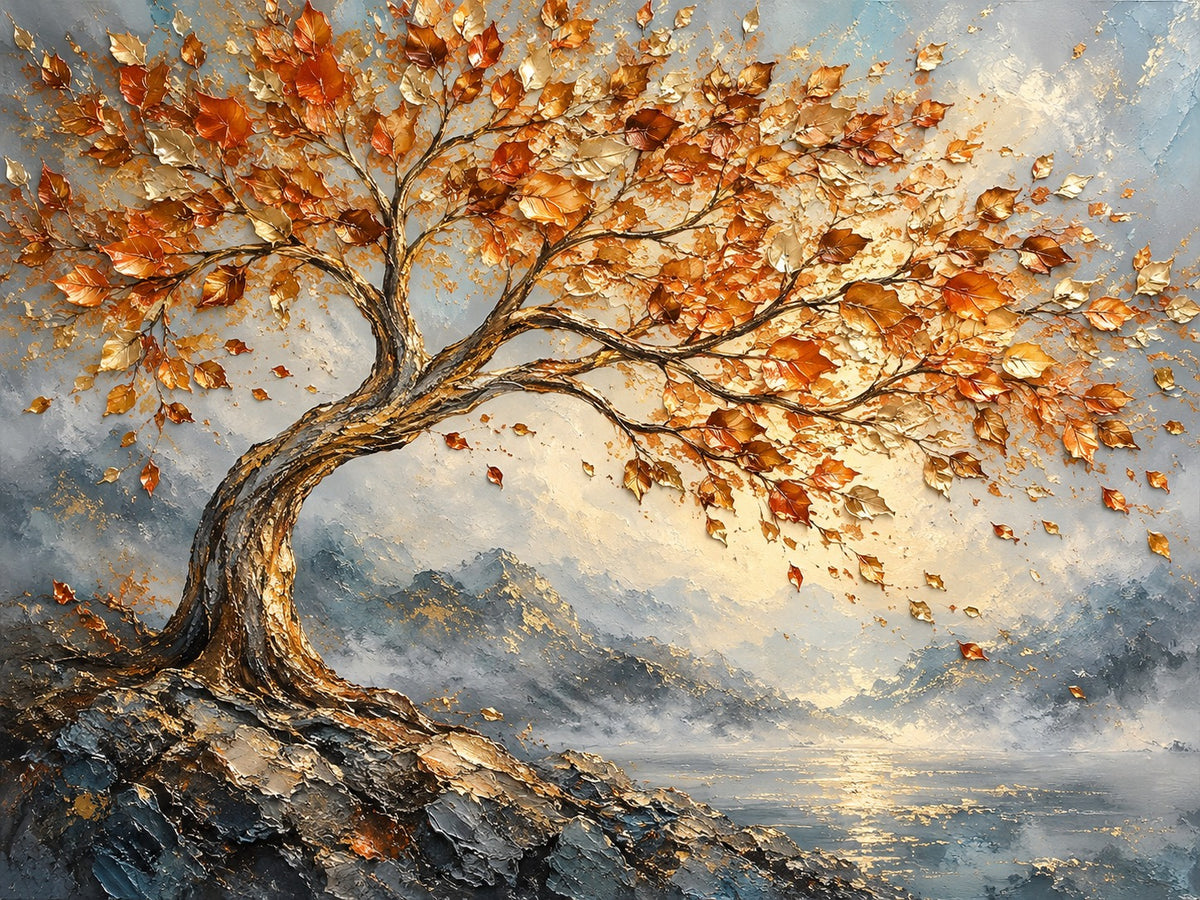 Schilderij van een kromgewaaide boom op een rotsklif met oranje en gouden bladeren boven een mistige baai en bergen.