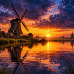 Afbeelding van een houten molen aan stil water bij zonsondergang, met een oranje lucht, donkerpaarse wolken en weerspiegeling.