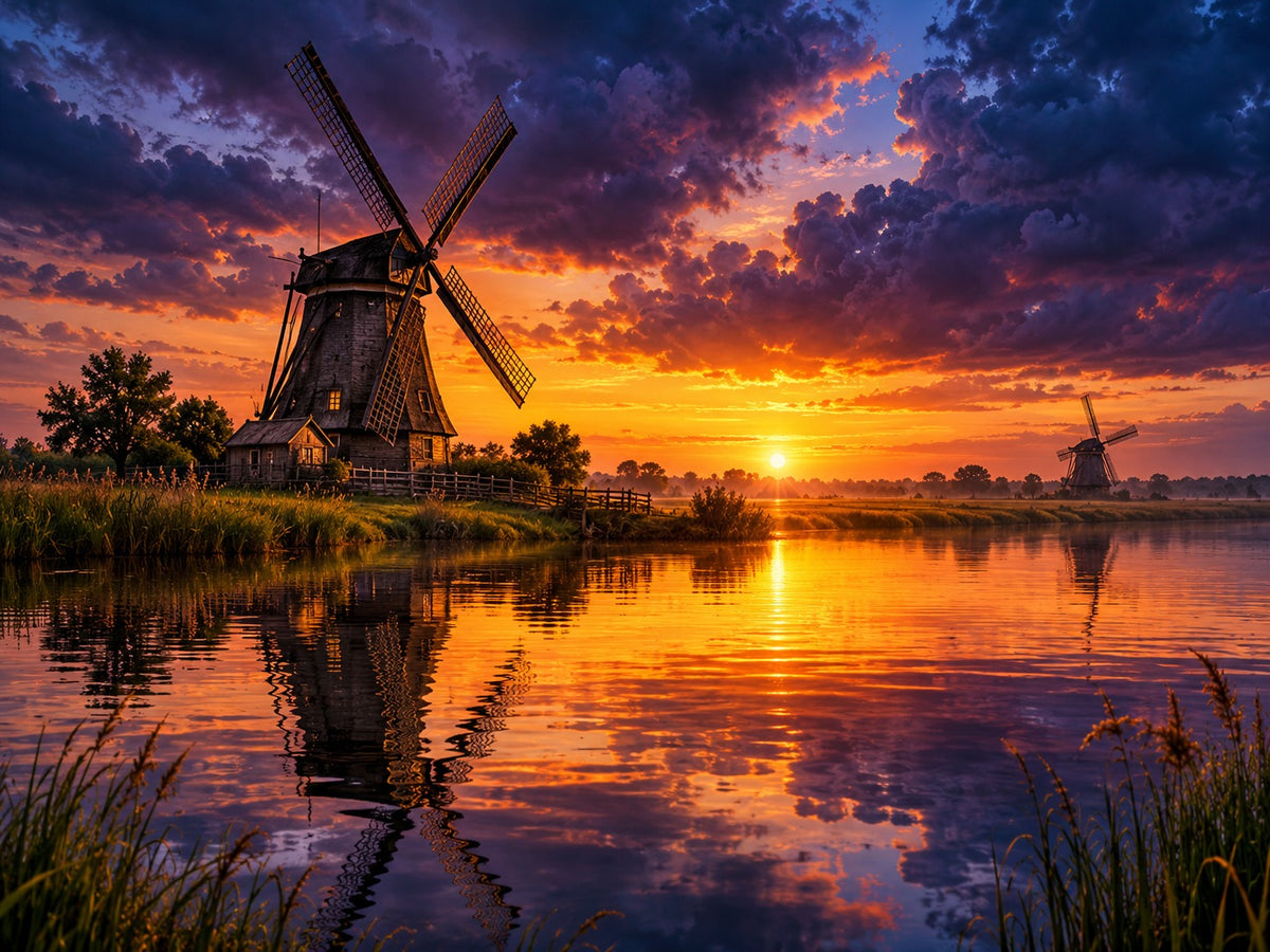 Afbeelding van een houten molen aan stil water bij zonsondergang, met een oranje lucht, donkerpaarse wolken en weerspiegeling.