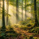 Afbeelding van een bos met hoge stammen en lange zonnestralen door de mist, met mos, varens en herfstbladeren op de grond.