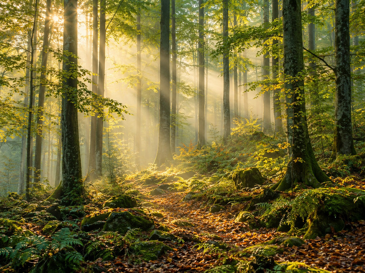 Afbeelding van een bos met hoge stammen en lange zonnestralen door de mist, met mos, varens en herfstbladeren op de grond.
