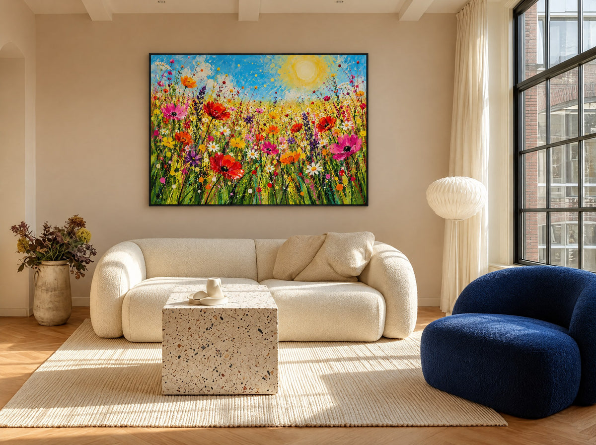 Klaprozen in Zomerweide in zwarte lijst boven een crèmekleurige bank in een warme woonkamer.