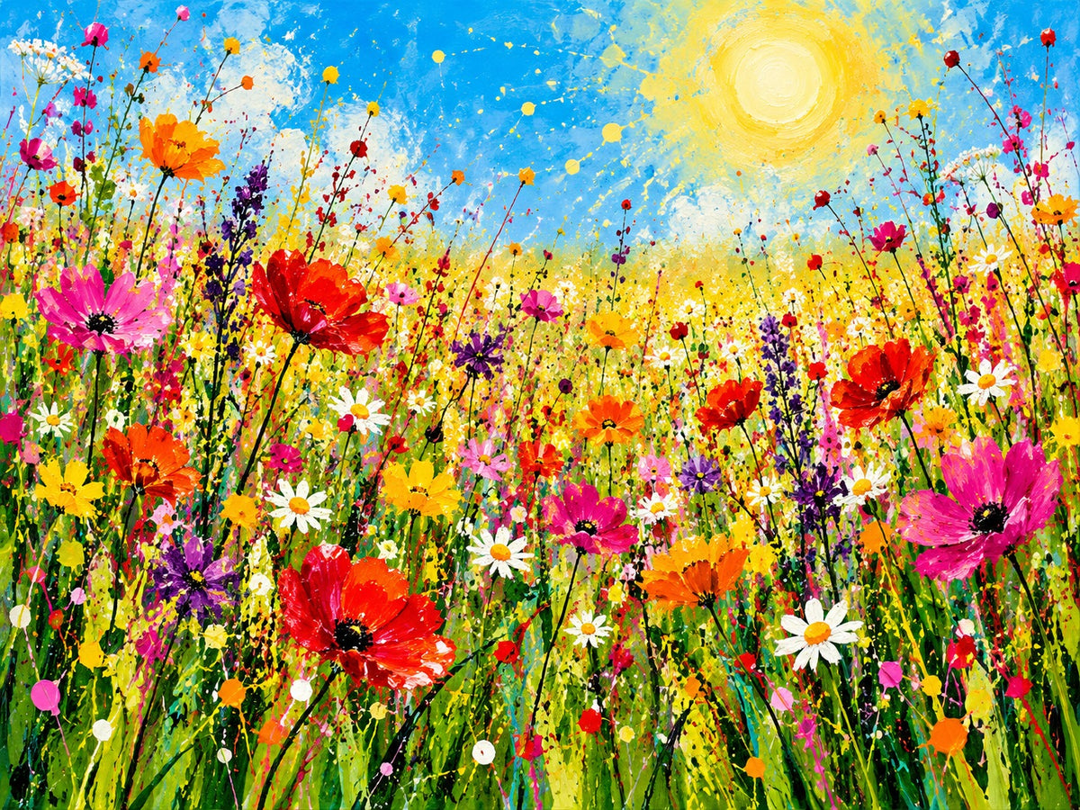 Schilderij van een zomerweide met rode klaprozen, roze cosmea's en madeliefjes onder een blauwe lucht met een gele zon.