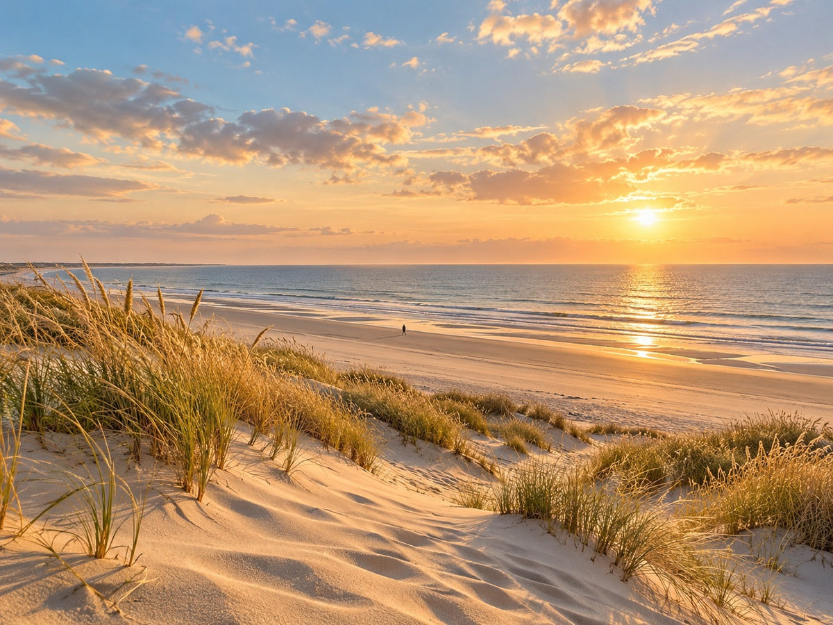Afbeelding van zandduinen met helmgras, een leeg strand en de zee onder een gouden zonsondergang met een klein figuur.