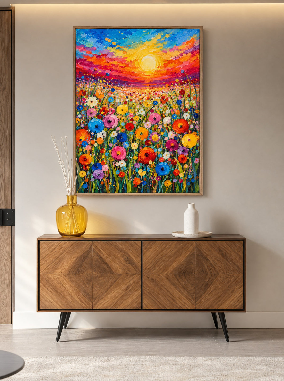 Bloemenzee onder Gloeiende Lucht in natuur houten lijst boven het bed in een warme slaapkamer.