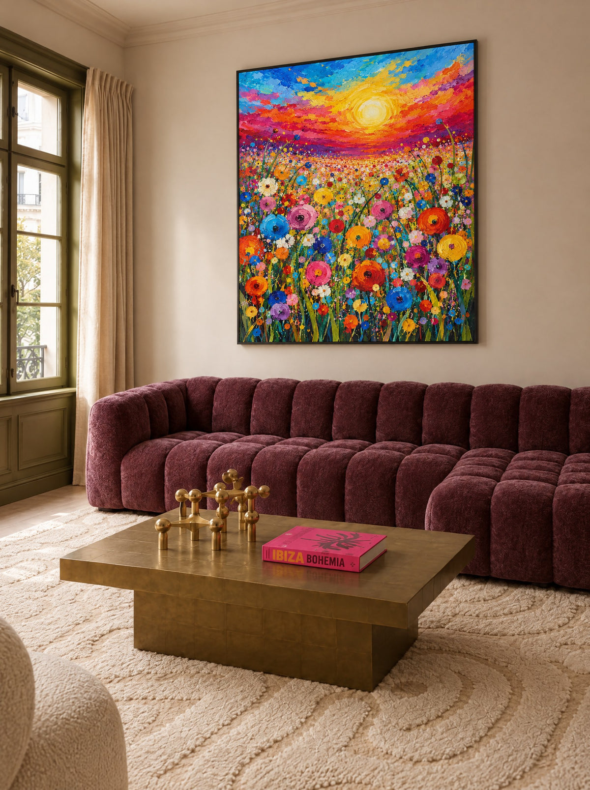 Bloemenzee onder Gloeiende Lucht in zwarte lijst boven een bruine leren bank in een warme woonkamer.