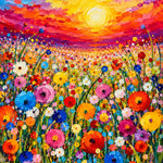 Schilderij van een eindeloos veld met ronde bloemen in felle kleuren onder een gloeiende lucht van rood naar goud.