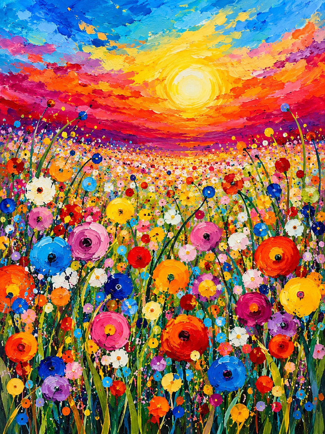 Schilderij van een eindeloos veld met ronde bloemen in felle kleuren onder een gloeiende lucht van rood naar goud.