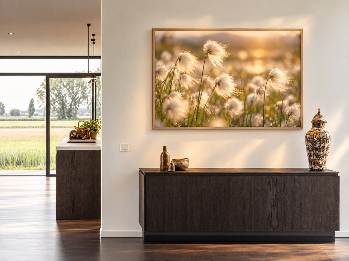 Zachte Pluimen in Gouden Tegenlicht in natuur houten lijst boven het bed in een warme slaapkamer.